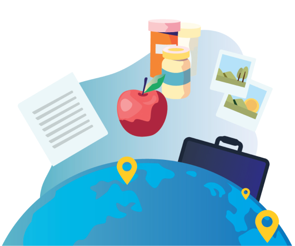 An animated picture of the half earth, a paper, an apple, some pharmacy products, a bag and photographs.