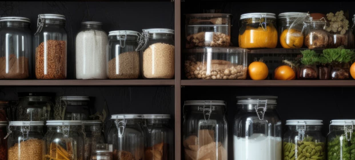 An image shows shelf with jars and food items, suitable for Diabetes Eating on a Shoestring.