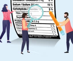 Animated picture of three individuals engaged in reading and food lable.