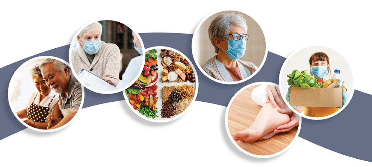 A Collage featuring pictures - an affectionate old couple, a doctor attending to a patient, a plate of nutritious food, a woman wearing a protective mask, a close-up of a foot, and a woman holding a box of fresh vegetables.