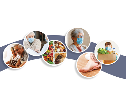 A Collage featuring pictures - an affectionate old couple, a doctor attending to a patient, a plate of nutritious food, a woman wearing a protective mask, a close-up of a foot, and a woman holding a box of fresh vegetables.