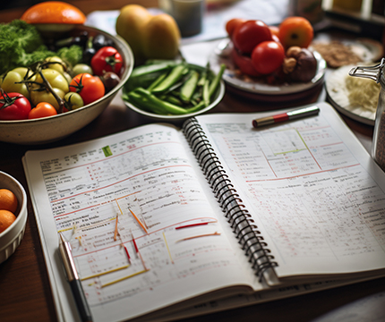 book and fruits on table